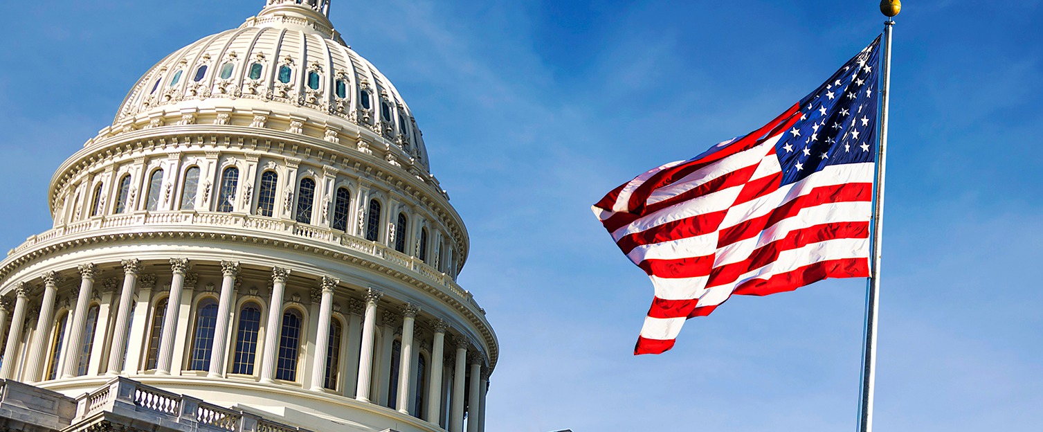 American flag outside of US Capitol